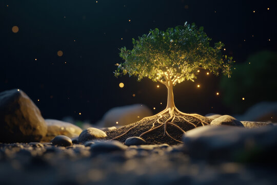 Magical glowing tree with exposed roots in dark, mystical forest with fireflies. A solitary tree with luminous leaves and intricate root system stands in a dark, enchanting environment.