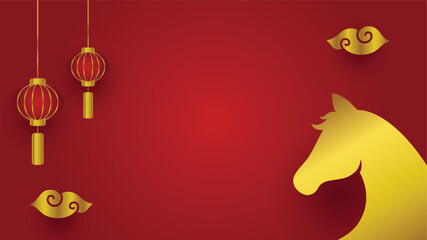 Year of the Horse template with some copy space on red gradient background featuring golden horse silhouettes, clouds, and traditional hanging lanterns, perfect for Chinese New Year celebrations.