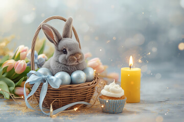 The concept of the bright Easter holiday 2026. Easter eggs and a gray Easter bunny in a wicker basket on a pastel watercolor background.