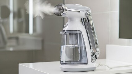 White handheld clothing steamer emitting steam for wrinkle removal