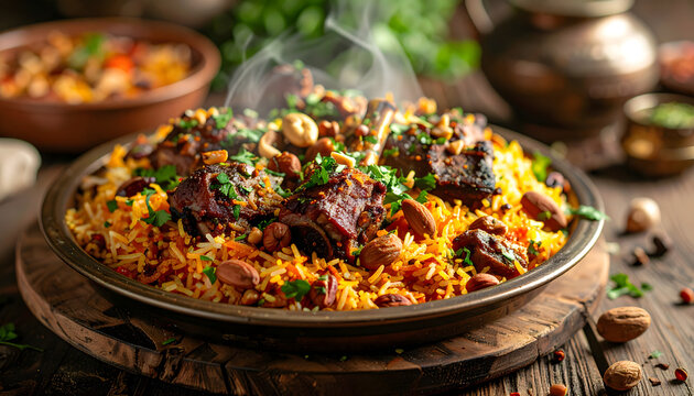 A steaming hot dish of biryani with meat and vegetables on a wooden board