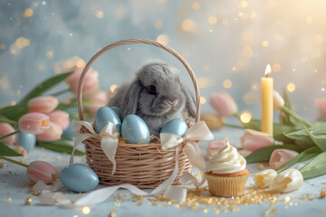 The concept of the bright Easter holiday 2026. Easter eggs and a gray Easter bunny in a wicker basket on a pastel watercolor background.