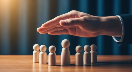 Protecting Team Members: Hand Shielding Wooden Figures, Representing Safety, Care, and Leadership in Business