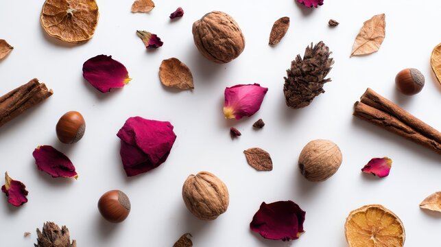 Minimalist autumn flat lay with a white surface, dried botanicals, and golden-hued accents