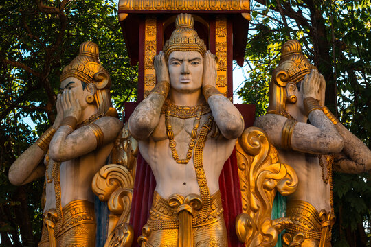 Three Wise Monkeys Statues (See No Evil, Hear No Evil, Speak No Evil) at Mangshi Golden Pagoda