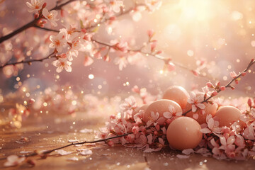 The concept of a bright Easter holiday in 2026. The concept of a bright Easter holiday. Delicate pink Easter eggs and cherry blossom branches on a wooden background.
