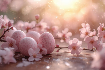The concept of a bright Easter holiday in 2026. The concept of a bright Easter holiday. Delicate pink Easter eggs and cherry blossom branches on a wooden background.