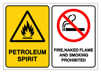 Obraz premium Petroleum Spirit Fire, Naked Flam And Smoking Prohibited Symbol Sign, Vector Illustration, Isolate On White Background Label. EPS10