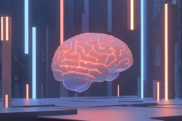 Glowing human brain model with neon lights and futuristic cityscape background. symbolizing intelligence and technology, set against a backdrop of abstract neon lights and digital city elements