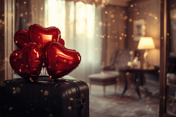 A suitcase with heart-shaped balloons in a hotel room for a Valentine's Day celebration. A romantic getaway for two lovers, promotions for February 14.