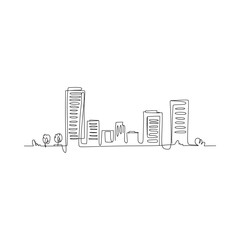 Obraz premium A continuous line drawing depicts a minimalist cityscape with buildings and trees