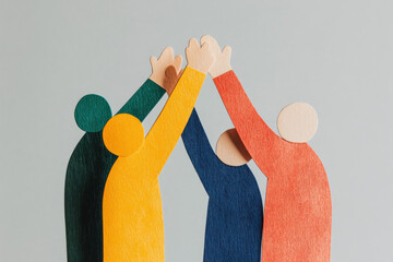 Diverse group of paper cutouts celebrating together with raised hands in a high five. Stylized figures made of paper connect their hands in a gesture of unity and shared success, symbolizing teamwork 