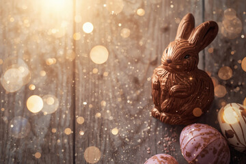 The concept of a bright Easter holiday in 2026. A beautiful postcard. A banner. Chocolate Easter eggs and a chocolate rabbit on a wooden background. Easter sweets and treats.