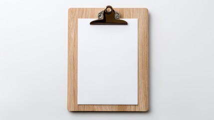 Minimalist desk accessory: wooden clipboard with blank paper against a pristine white backdrop