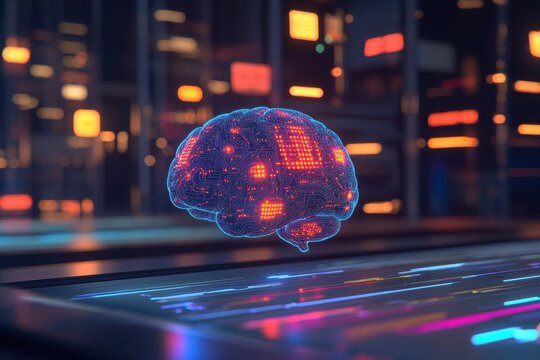 Digital brain with glowing circuits and data streams in a futuristic cityscape. An abstract representation of artificial intelligence and neural networks, visualized as a glowing brain with intricate  - Powered by Adobe