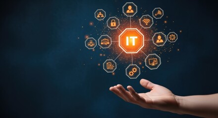 Information Technology Concept with Hand, Networking, and Security, Digital Solutions, Innovation and Connectivity in Dark Background
