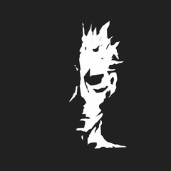 Abstract human face illustration with hollow negative space and torn silhouette, dark expressive artwork for poster, concept art, and modern graphic design