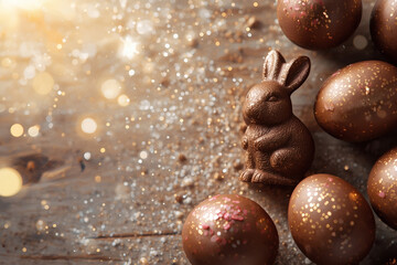 The concept of a bright Easter holiday in 2026. A beautiful postcard. A banner. Chocolate Easter eggs and a chocolate rabbit on a wooden background. Easter sweets and treats.
