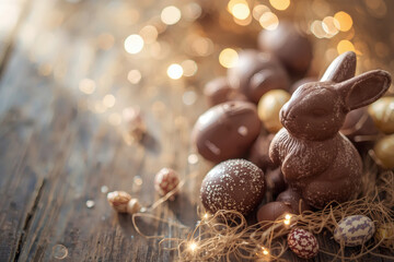 The concept of a bright Easter holiday in 2026. A beautiful postcard. A banner. Chocolate Easter eggs and a chocolate rabbit on a wooden background. Easter sweets and treats.