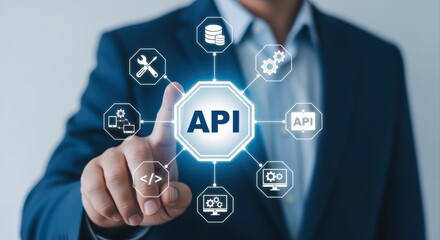 API Integration Concept: Man in Suit Pointing to API Hexagon with Connected Icons