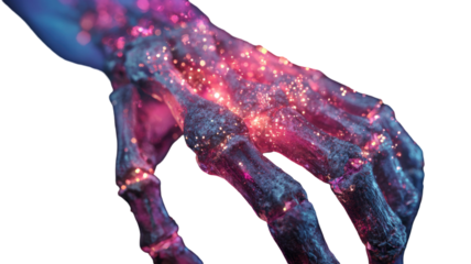 abstract glowing human hand with neon particles futuristic digital anatomy concept art isolated on white background