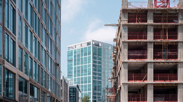 Urban construction zone featuring contrast between finished office tower and unfinished framework  