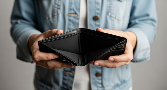 Empty Wallet Concept: Close-up of a Person Displaying a Black Empty Wallet, Representing Financial Difficulty - Powered by Adobe