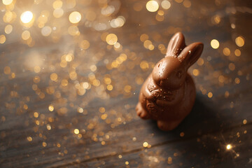 The concept of a bright Easter holiday in 2026. A beautiful postcard. A banner. Chocolate Easter eggs and a chocolate rabbit on a wooden background. Easter sweets and treats.