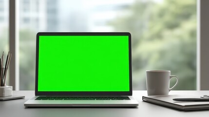 Minimalist office desk featuring a laptop with a green display placeholder