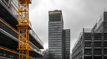 Fototapeta premium Urban construction zone featuring contrast between finished office tower and unfinished framework 