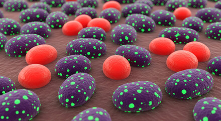 Vibrant microscopic particles on surface, purple and red spheres with green spots