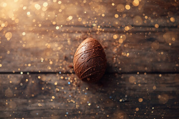 The concept of a bright Easter holiday in 2026. Beautiful postcard. Banner. Chocolate Easter eggs on a wooden background. Easter sweets and treats.
