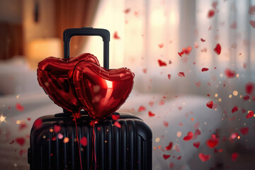 A suitcase with heart-shaped balloons in a hotel room for a Valentine's Day celebration. A romantic getaway for two lovers, promotions for February 14.