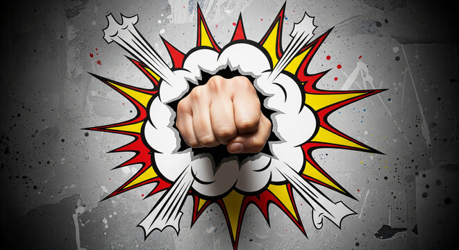 Dynamic comic book style fist punching through explosion background