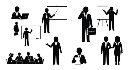 Business professionals in various meeting and presentation scenarios depicted in silhouettes