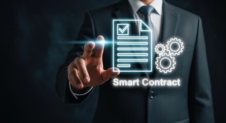 Digital Smart Contract Concept: Businessman Interacting with Futuristic Technology for Secure and Efficient Agreements