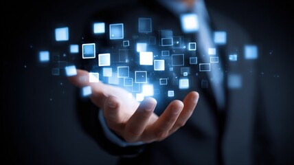 Businessman Holding Digital Data Stream: Visualizing Technology, Innovation, and Modern Business Solutions in a Futuristic Style