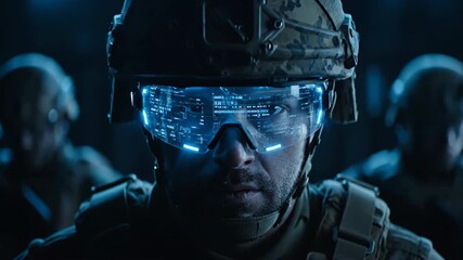 Close-up of a soldier in camouflage gear and helmet wearing futuristic goggles with a blue digital display.