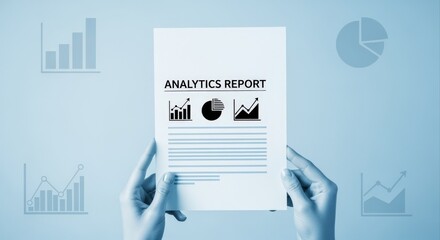 Analytics Report Presentation: Business Data Analysis for Strategic Decision-Making, Financial Review, and Performance Evaluation on Blue Background