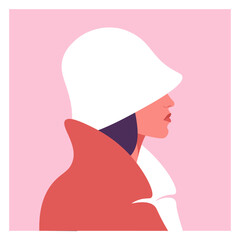 Modern vector illustration of a woman in profile wearing a stylish hat and coat. Clean flat design with soft pastel colors. Concept of fashion end interior.