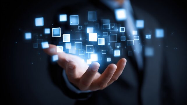 Businessman Holding Digital Data Stream: Visualizing Technology, Innovation, and Modern Business Solutions in a Futuristic Style - Powered by Adobe