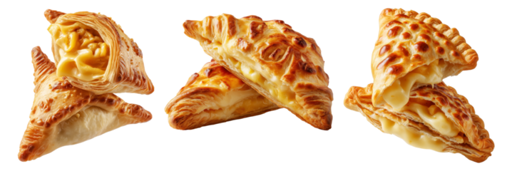 Flaky filled puff pastries pocket with melted cheese oozing out, isolated on white background, concept of Brazil snack