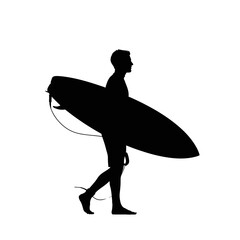 Silhouette of a surfer carrying surfboard on white background.