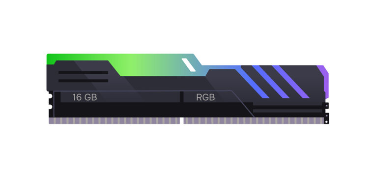Modern random access memory stick, chip. RAM card for storing information. Computer hardware, PC technology to storage data. Component of system unit. Flat isolated vector illustration on white.