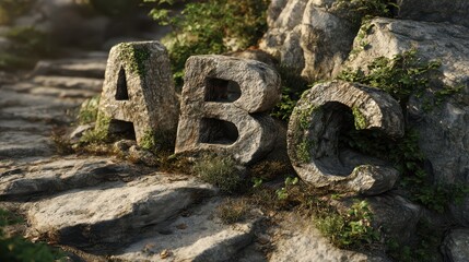 Monolithic stone letters A B C set in a mossy rock landscape beside a dirt path