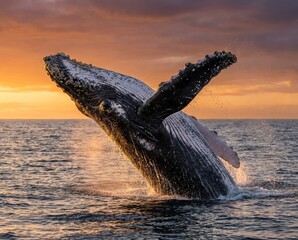Majestic humpback whale breaching near ocean surface during sunset, showcasing its barnacle-covered flank and powerful leap.