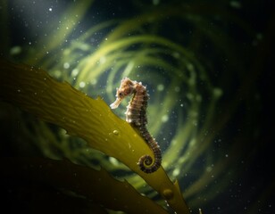 Tiny seahorse delicately clinging to a swaying kelp frond in a glowing underwater marine environment