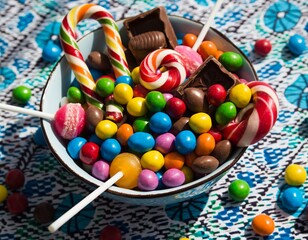 Overflowing bowl of assorted colorful candies, lollipops, and chocolates, a delightful assortment of sweet treats.