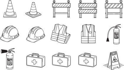 Safety equipment: a concise black and white illustration presenting essential safety gear. The image captures the essence of safety awareness in a clean, easily recognizable style.