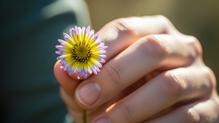 flower in hands, hand holding flower, Close-Up of Hand Gently Holding a Single Multicolored Wildflower in Soft Sunlight, hand holding flower